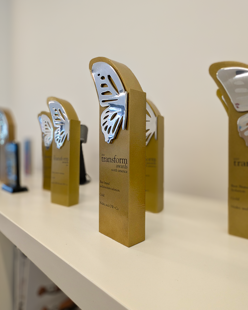 A shelf of awards