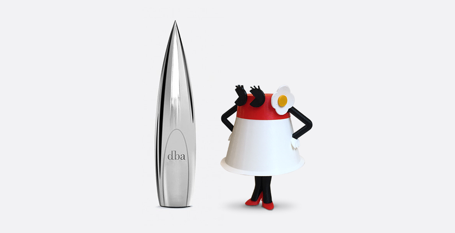A playful character from the THORNeco family stands next to a dba award