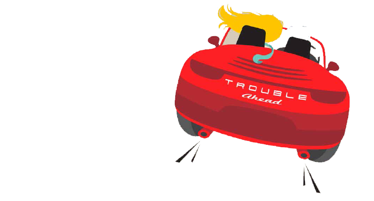 A sporty convertible car driving away from problems